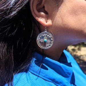 Navajo Zia Symbol Turquoise Dangle Earrings Sterling Jewelry Native American***